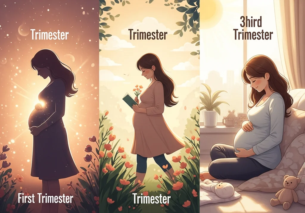 Grafika przedstawiająca trzy trymestry ciąży: pierwszy z kobietą w świetle, drugi z kobietą czytającą książkę wśród kwiatów, trzeci z kobietą w domu.