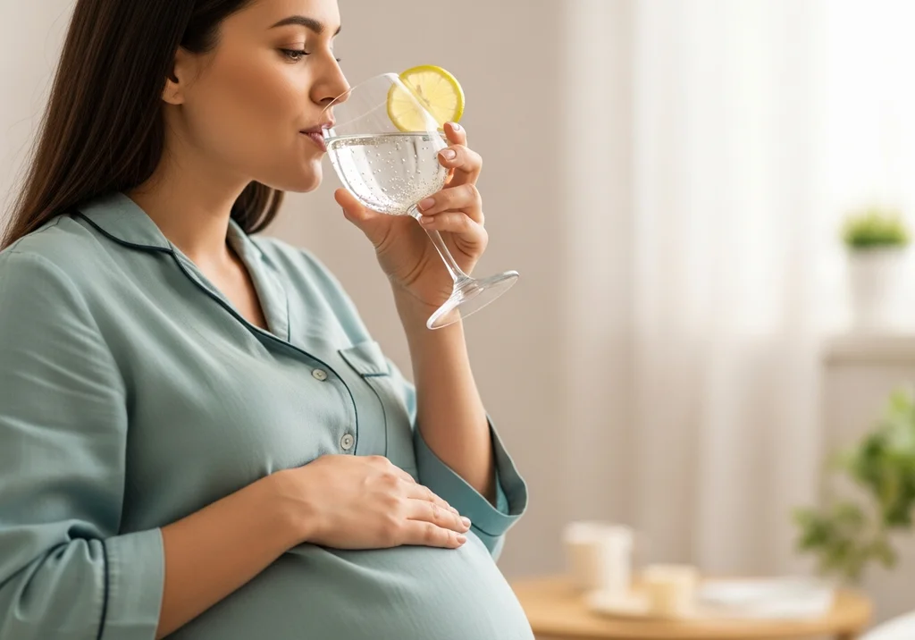 Ciężarna kobieta pijąca wodę z cytryną, zdjęcie ilustrujące bezpieczeństwo wody gazowanej w ciąży.
