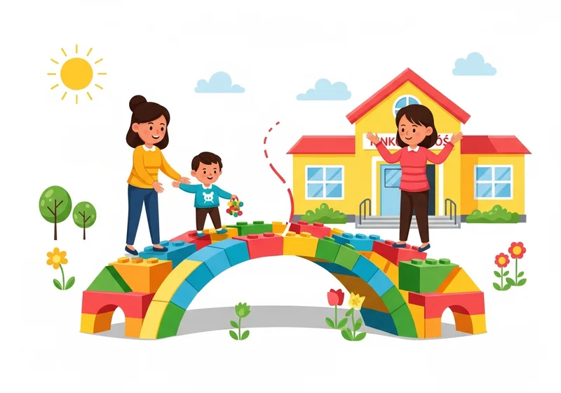 Wychowawczynie i dziecko budują most z klocków przed przedszkolem, symbolizując adaptację.