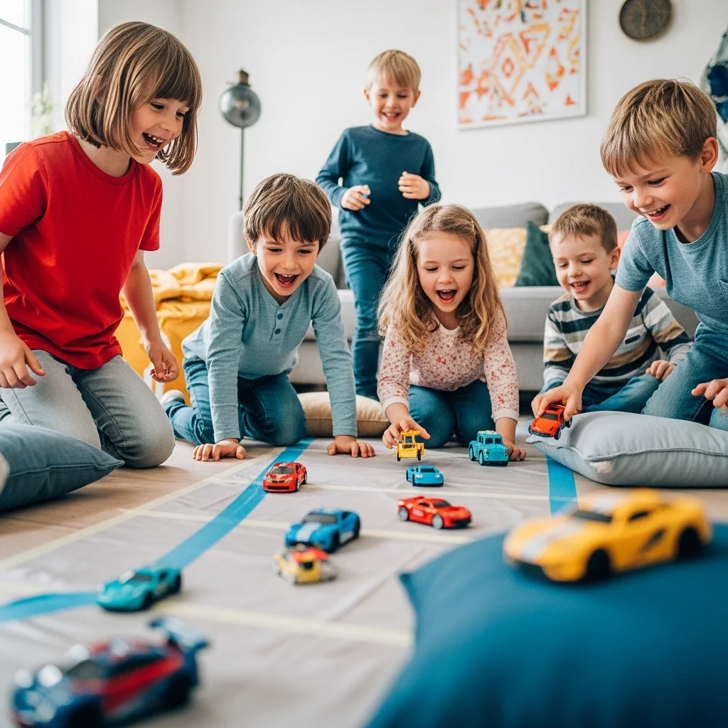 Dzieci bawią się w wyścigi samochodowe na dywanie z narysowanym torem. Radosne miny i dużo śmiechu.