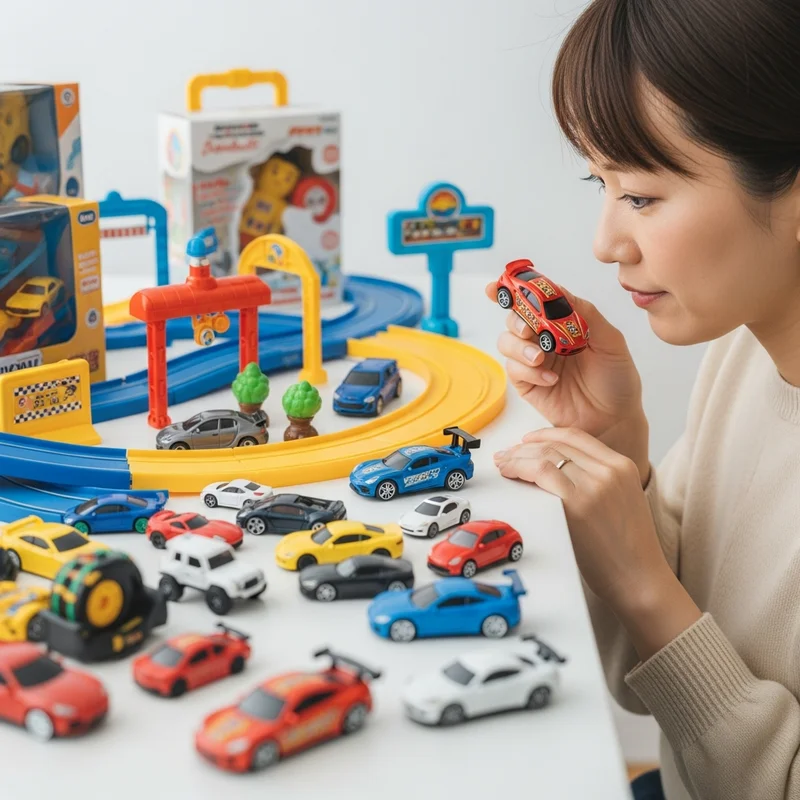 Kobieta z uwagą przygląda się małemu, czerwonego autku. Na stole rozłożone są zabawki: tory, inne autka.