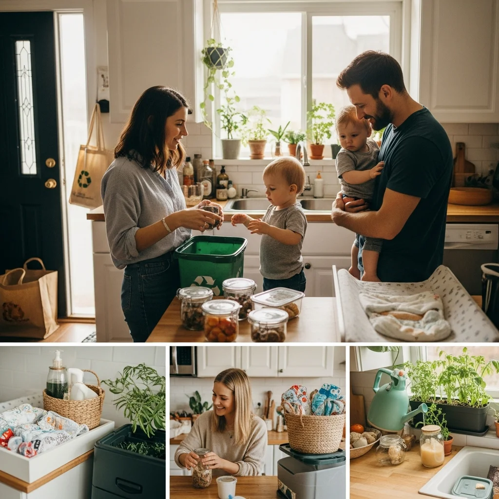 Rodzina w kuchni segreguje odpady, wykorzystuje słoiki i dba o rośliny, promując zero waste i ekologiczny styl życia.