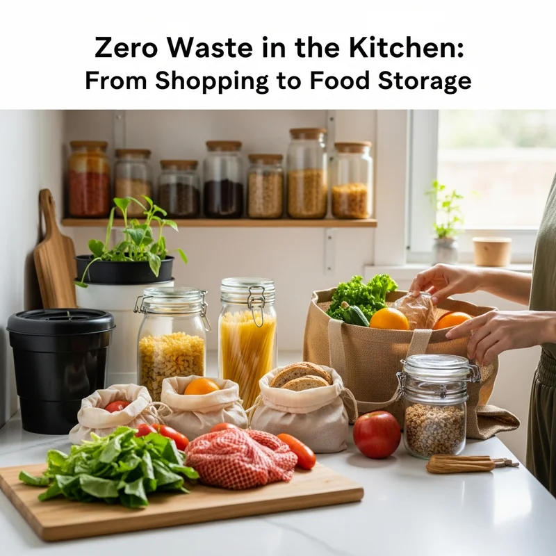 Kuchnia zero waste: słoiki, płócienne torby z jedzeniem, zielenią i osoba wyjmująca produkty z torby.