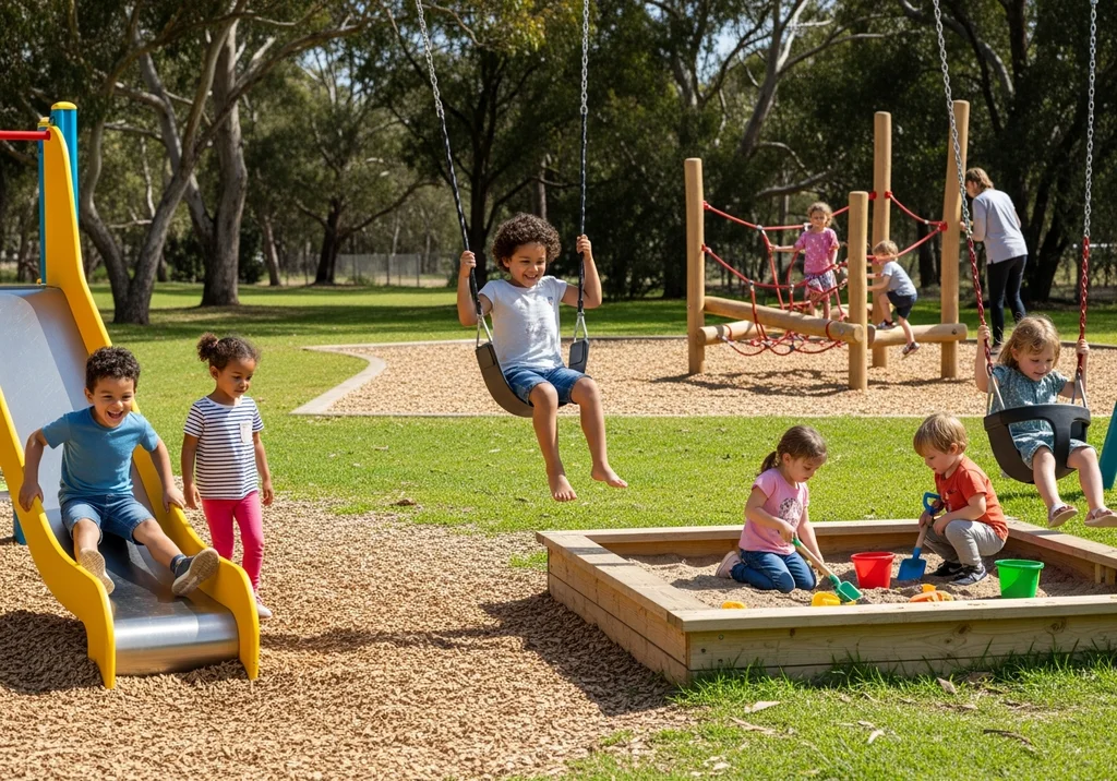 Dzieci bawiące się na placu zabaw: zjeżdżalnia, huśtawki i piaskownica.