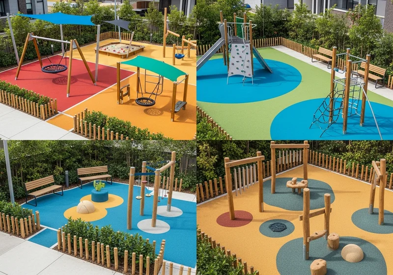 Kolorowy plac zabaw podzielony na strefy: huśtawki, piaskownica, zjeżdżalnia, drabinki i ławki.