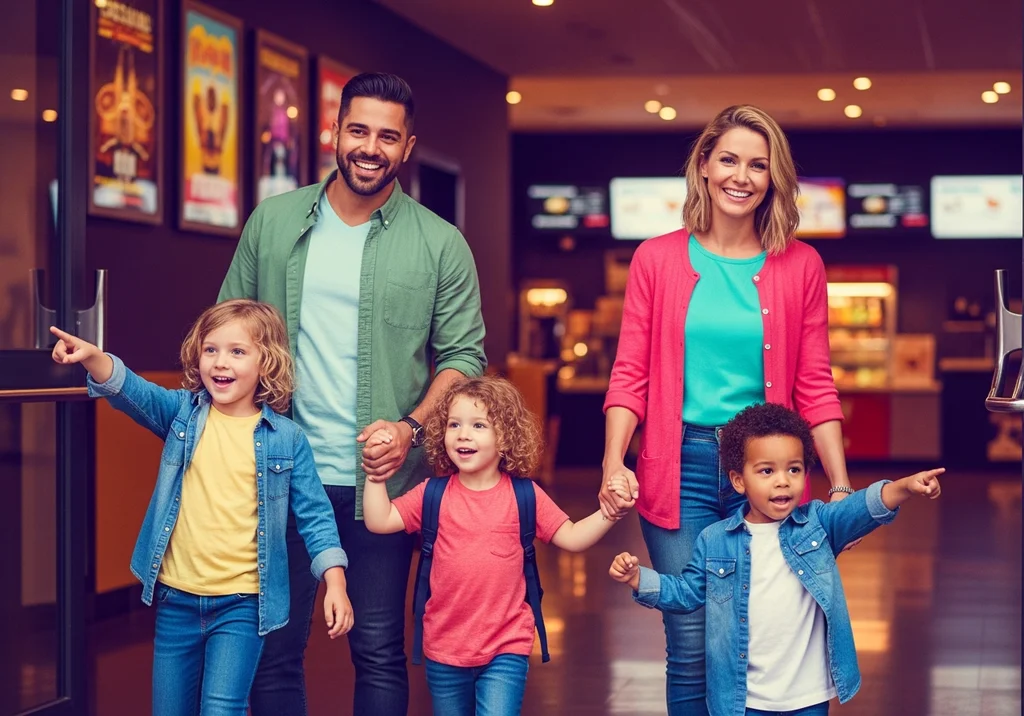 Uśmiechnięta rodzina z dwójką dzieci wchodzi do kina, trzymając się za ręce.