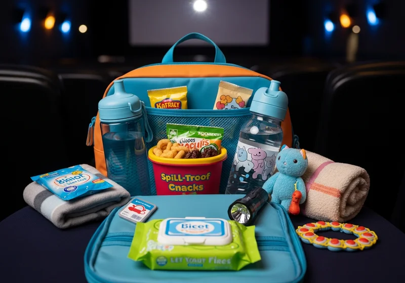 Torba z przekąskami, napojami, chusteczkami i zabawkami dla dziecka na wyjście do kina.