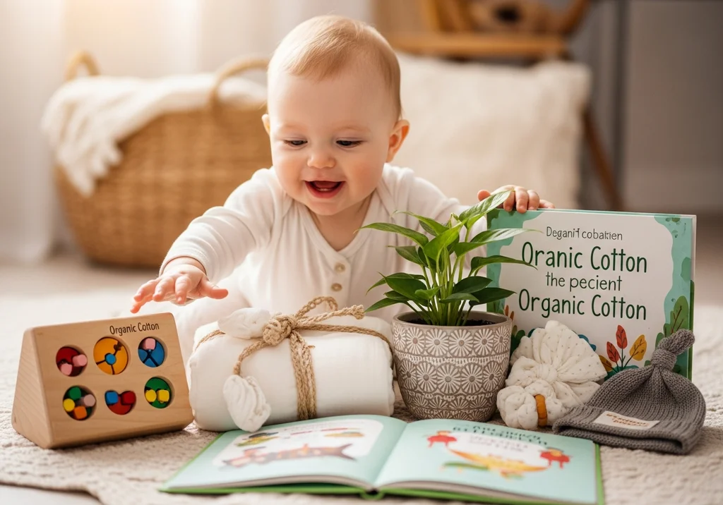 Uśmiechnięte dziecko bawi się zabawkami z organicznej bawełny i książeczką.