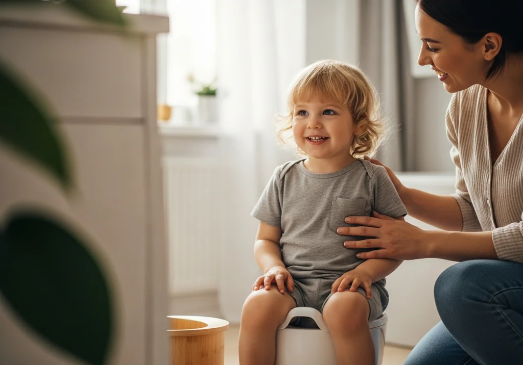 Uśmiechnięta mama wspiera córkę podczas nauki korzystania z nocnika.