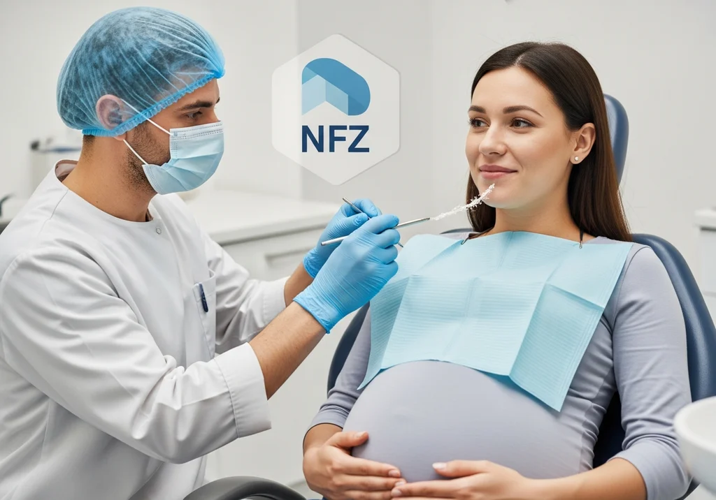 Dentysta w masce i rękawiczkach bada zęby ciężarnej kobiety.