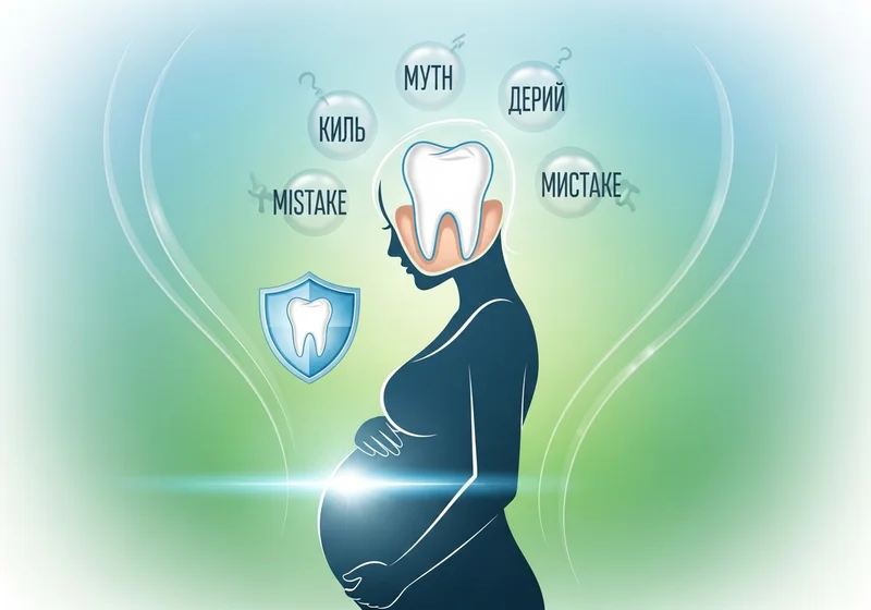 Sylwetka kobiety w ciąży z zębem w głowie, otoczona bańkami z napisami: