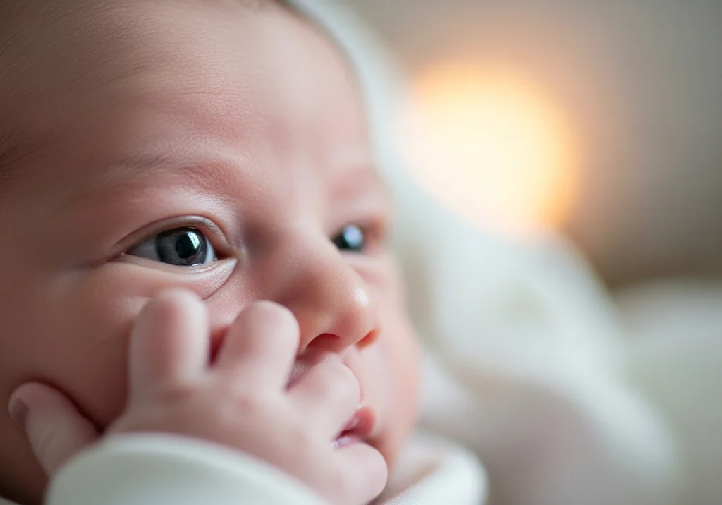Zbliżenie na oczy i twarz noworodka, które wpatrują się w przestrzeń z zaciekawieniem.
