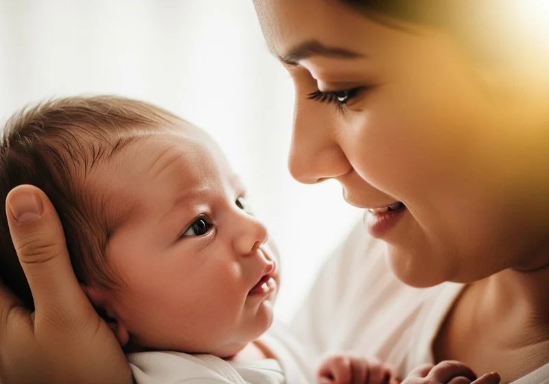 Mama patrząca z miłością na swojego noworodka, w białej koszuli.