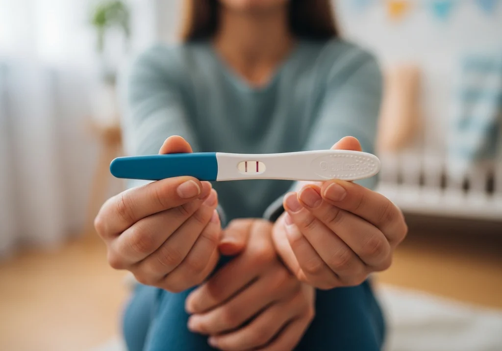 Kobieta pokazuje pozytywny wynik testu ciążowego z dwoma kreskami.