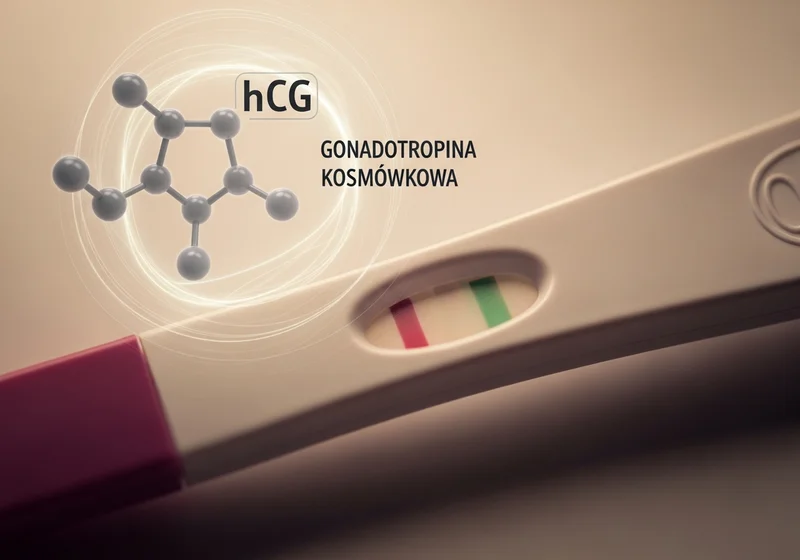 Test ciążowy z widocznym wynikiem i schematem hCG, gonadotropiny kosmówkowej.