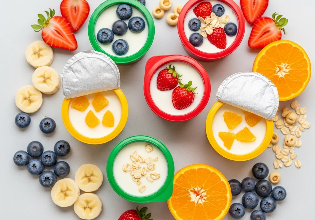 Kolorowe jogurty z owocami i płatkami dla dzieci.