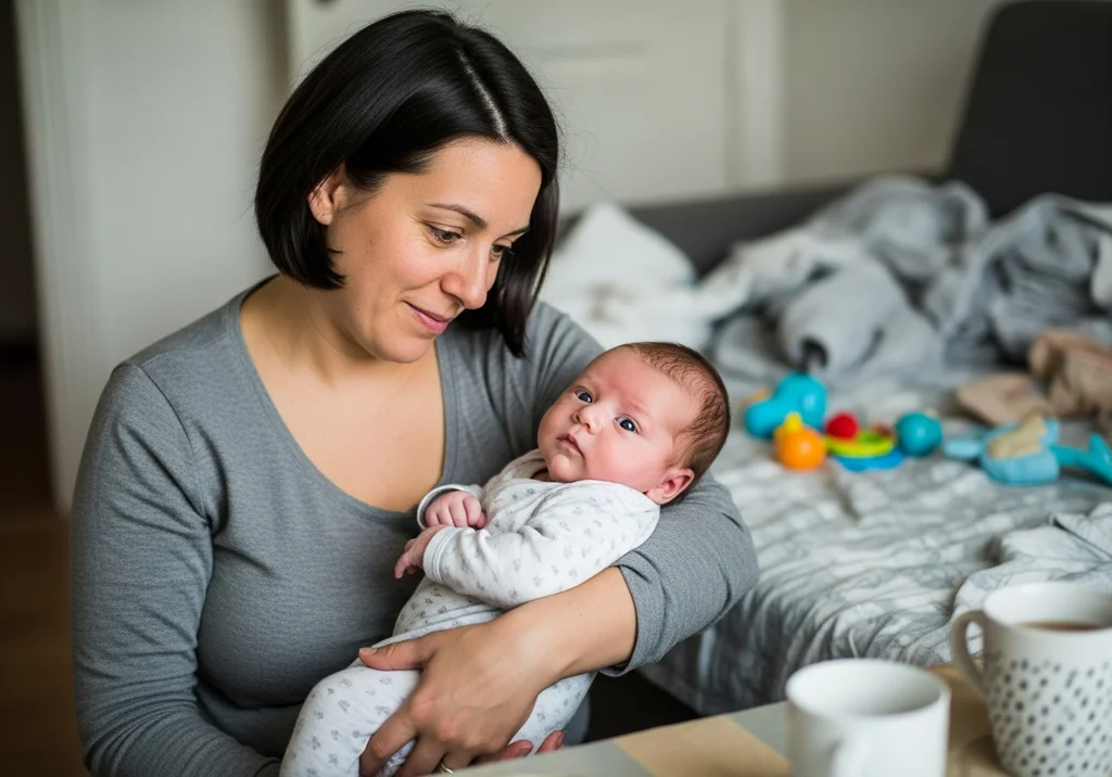 Kobieta trzyma na rękach niemowlę, oboje patrzą na siebie z czułością.