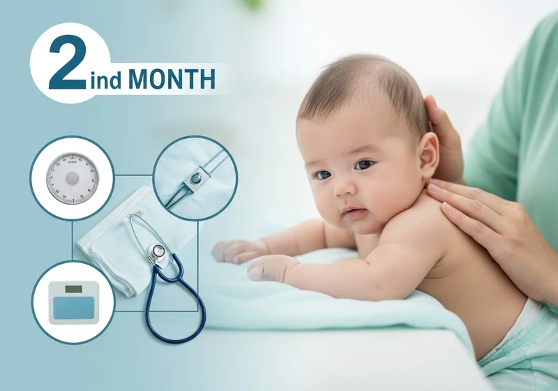 Niemowlę na brzuchu, z symbolami wagi, stetoskopu i timera.