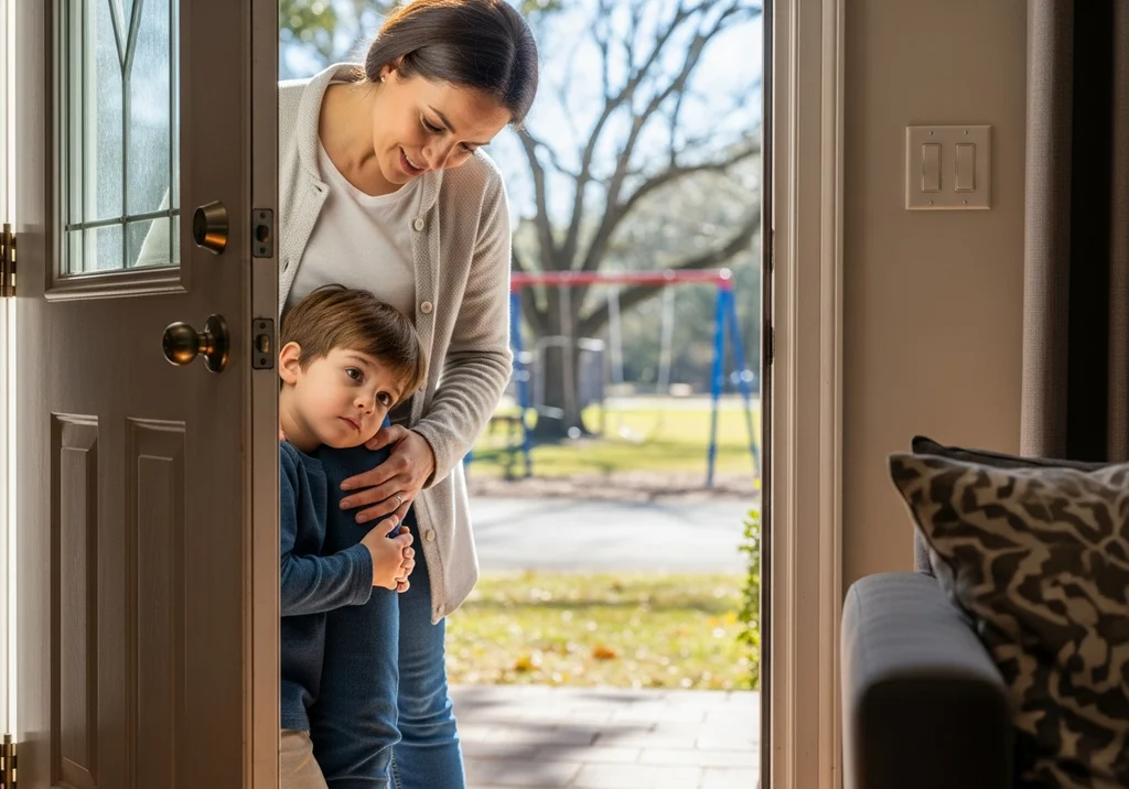 Mama przy drzwiach do domu przytula nieśmiałego chłopca.