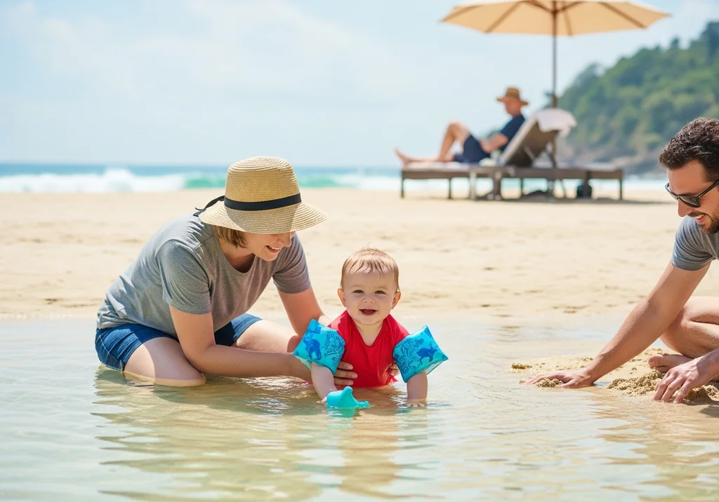 Mama i ojciec bawią się z rocznym dzieckiem na plaży w płytkiej wodzie.