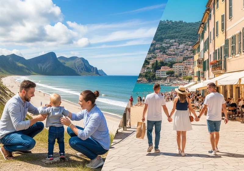 Rodzina na plaży i para spacerująca po włoskim miasteczku.