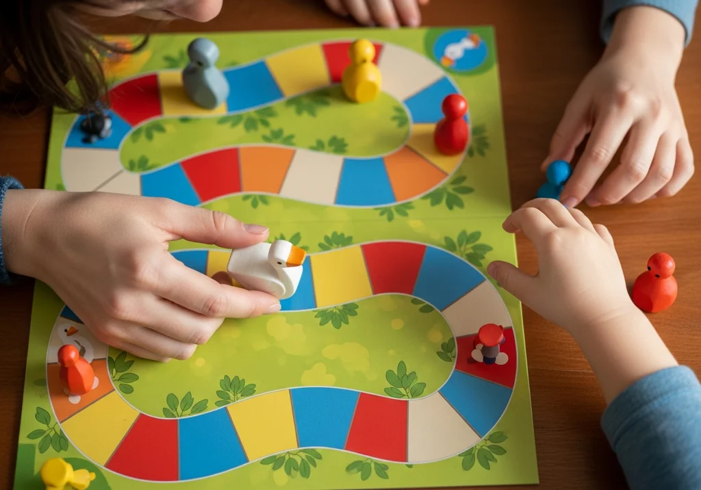 Fragment z gry planszowej "Gra w Gęsi" z drewnianymi pionkami i kolorową planszą.