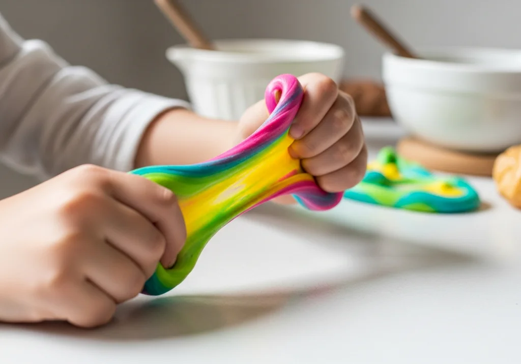 Dziecko bawi się tęczową gumą sensoryczną, która jest rozciągnięta między jego dłońmi.