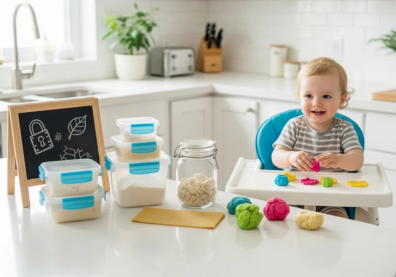 Dziecko bawi się plasteliną przy stole kuchennym, obok pojemniki z masą i tablica z rysunkami.