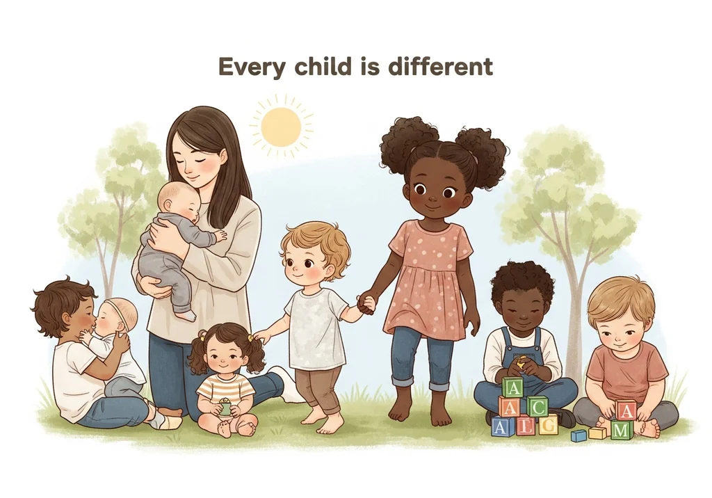 Ilustracja dzieci i opiekunki, podkreślająca indywidualność każdego dziecka.