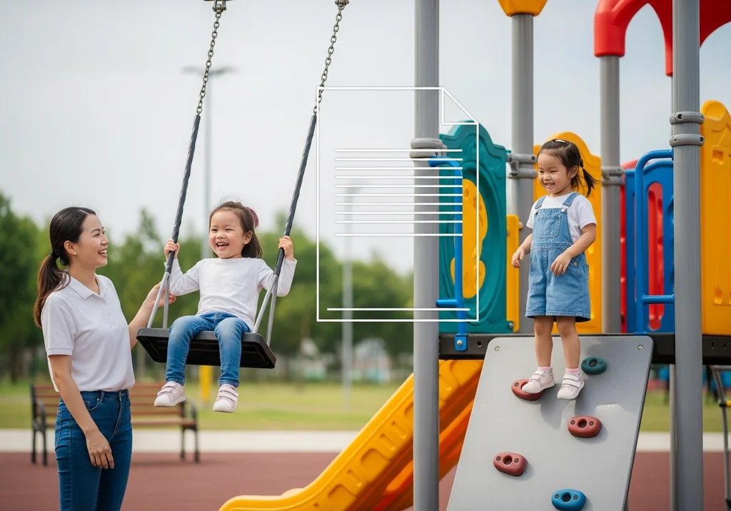 Mama pcha córkę na huśtawce, druga dziewczynka stoi na placu zabaw.
