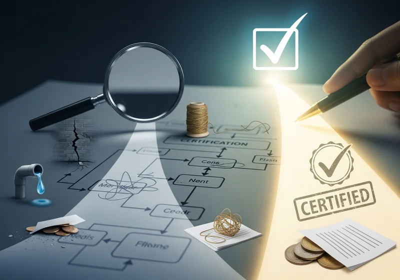 Schemat certyfikacji placu zabaw z lupą, monetami i tekstem 