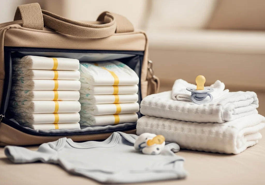 Torba z pieluchami, ubrankiem, kocykami i smoczkiem dla noworodka.