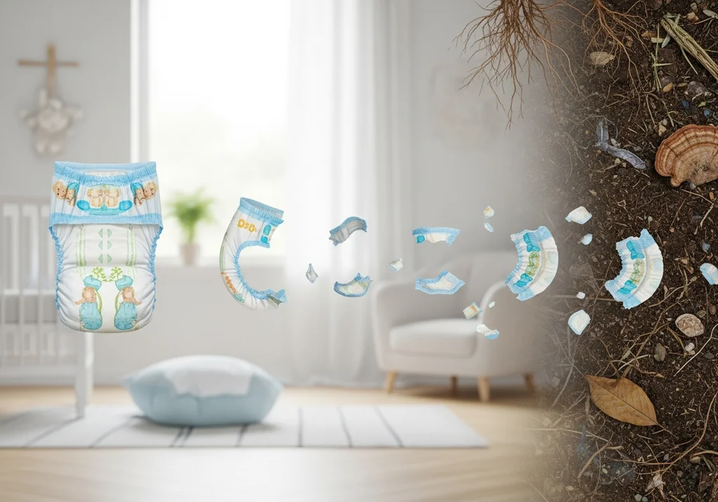 Pampers w pokoju dziecięcym i jego rozkładające się części w ziemi.