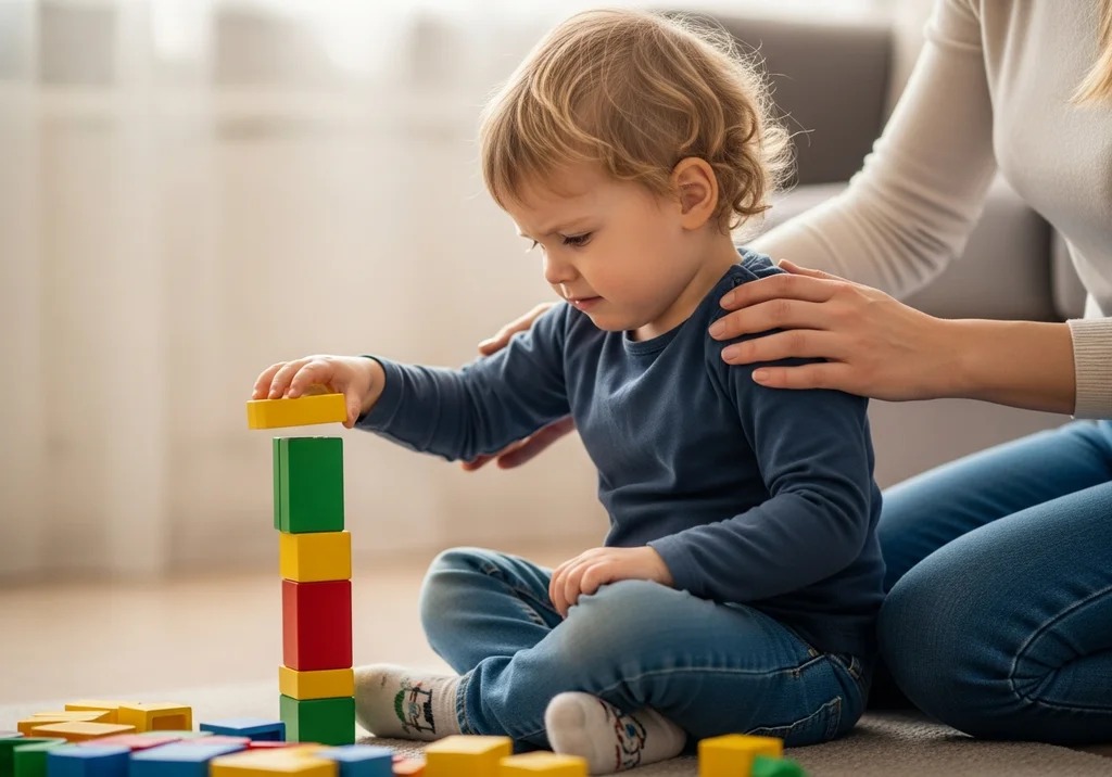 Chłopiec buduje wieżę z klocków, matka kładzie ręce na jego ramionach.