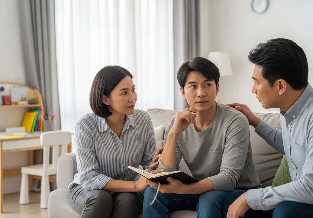 Rozmowa o nauczaniu domowym: rodzina omawia opcje na kanapie.