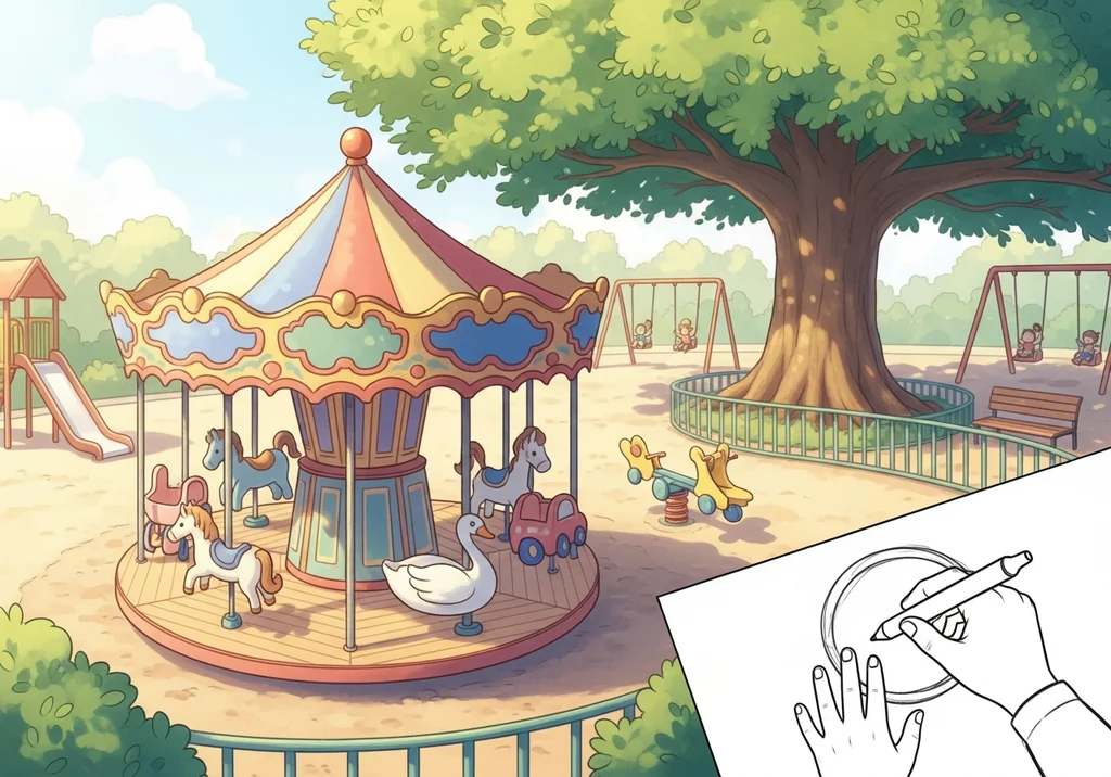 Kolorowa karuzela na placu zabaw z huśtawkami i zjeżdżalnią, w rysunku z dłonią rysującą koło.