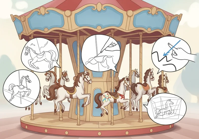 Ilustracja karuzeli z końmi i kółkami z instrukcjami rysowania, nawiązującymi do pułapek w tworzeniu rysunku.
