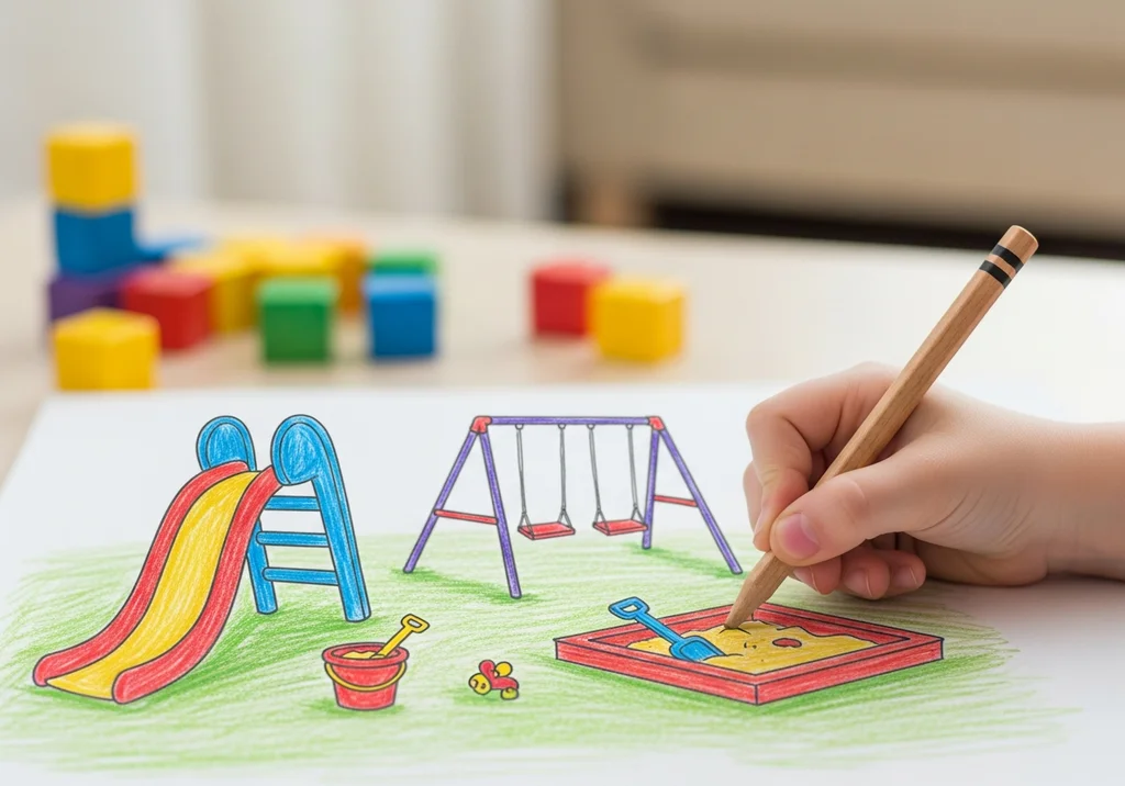 Rysunek placu zabaw: zjeżdżalnia, huśtawki, piaskownica, wiaderko.