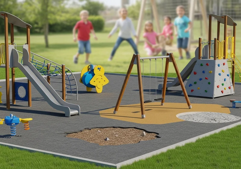 Kolorowy plac zabaw z dziećmi w tle, zjeżdżalnią, huśtawką i ścianką wspinaczkową.