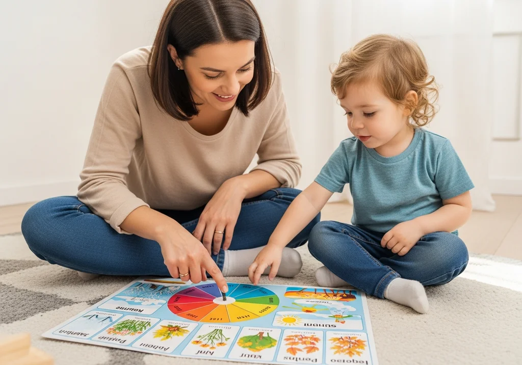 Kobieta i dziecko uczą się miesięcy z kolorowej planszy edukacyjnej.