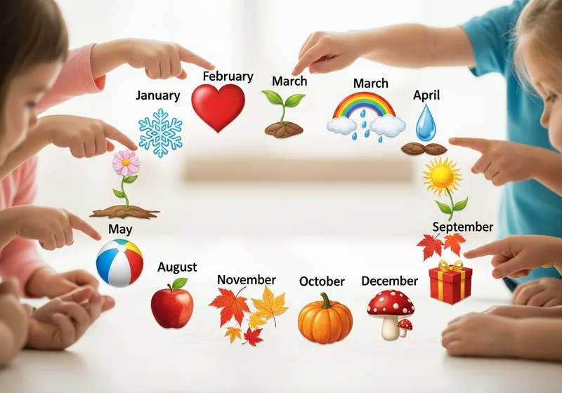Dzieci wskazują na obrazki symbolizujące miesiące roku: styczeń-śnieżynka, luty-serce, marzec-roślinka, kwiecień-tęcza, maj-kwiat, sierpień-jabłko, wrzesień-słońce, październik-dynia, listopad-liście, grudzień-prezent.