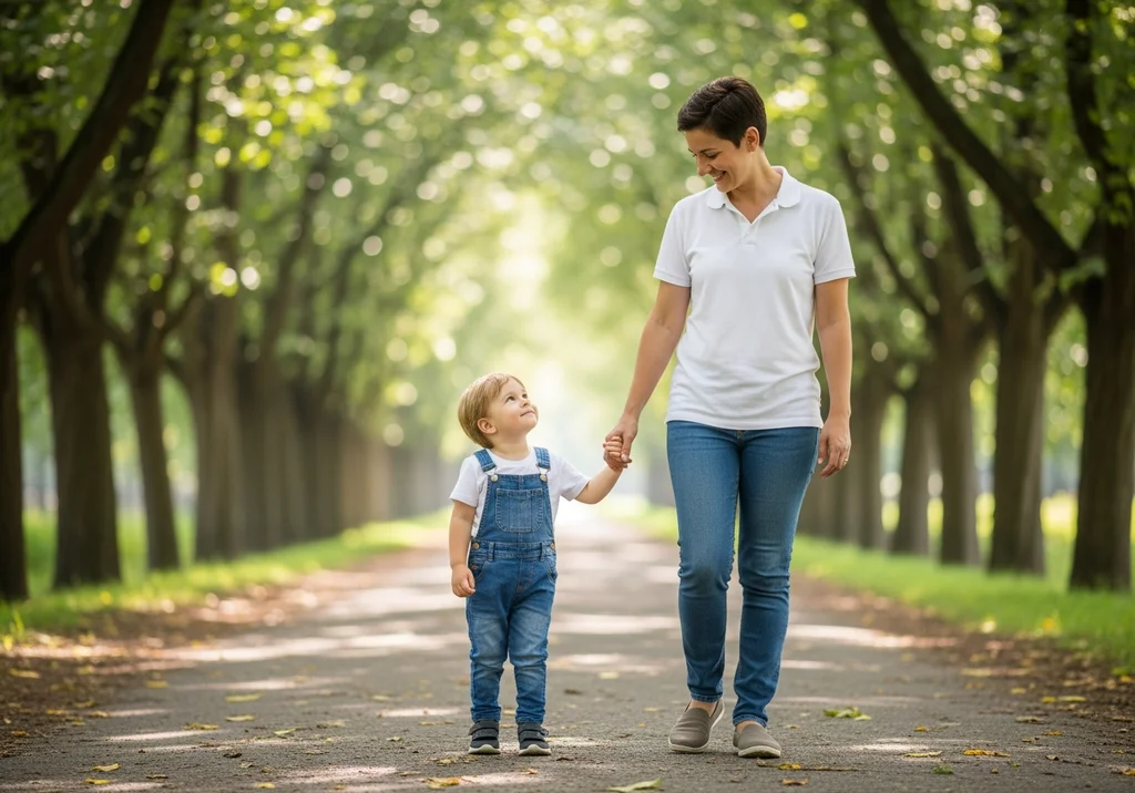 Kobieta i dziecko idący za rękę po ścieżce w parku w otoczeniu drzew.