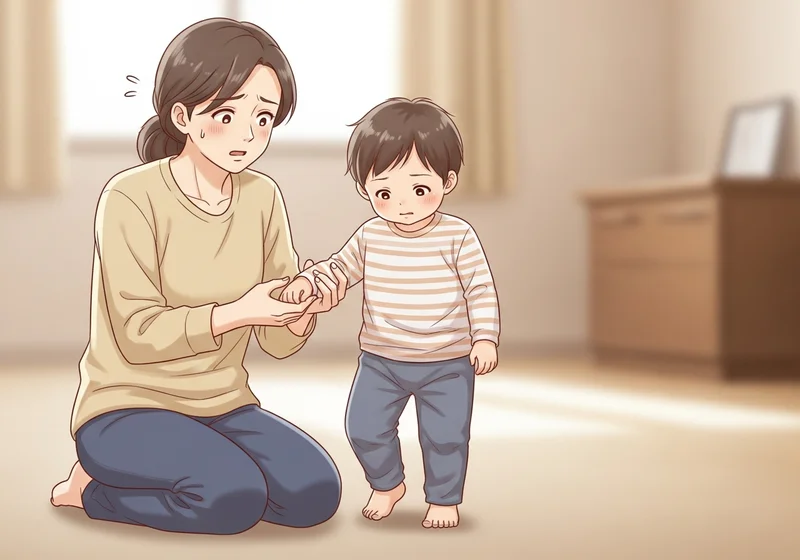 Kobieta klęczy, a jej przerażona mina wskazuje na to, że dziecko właśnie upadło.