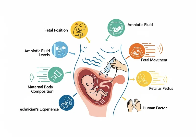 Schemat przedstawia czynniki wpływające na USG płodu: pozycję płodu, płyn owodniowy, ruchy płodu, doświadczenie technika.