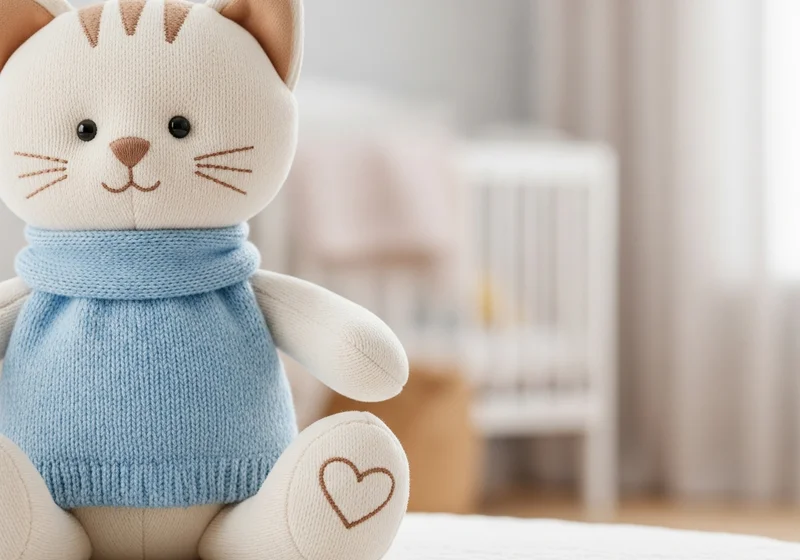 Pluszowy kotek w niebieskim sweterku z wyhaftowanym serduszkiem na łapce.