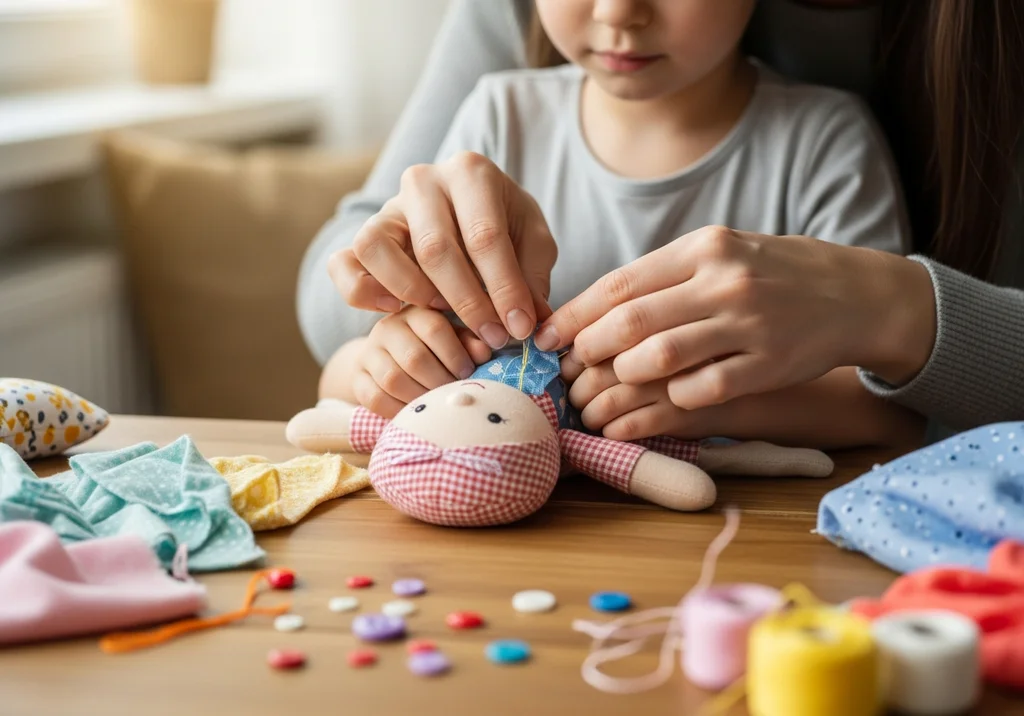 Dłoń dorosłego i dziecka szyjące pluszową lalkę z materiałów na drewnianym stole.