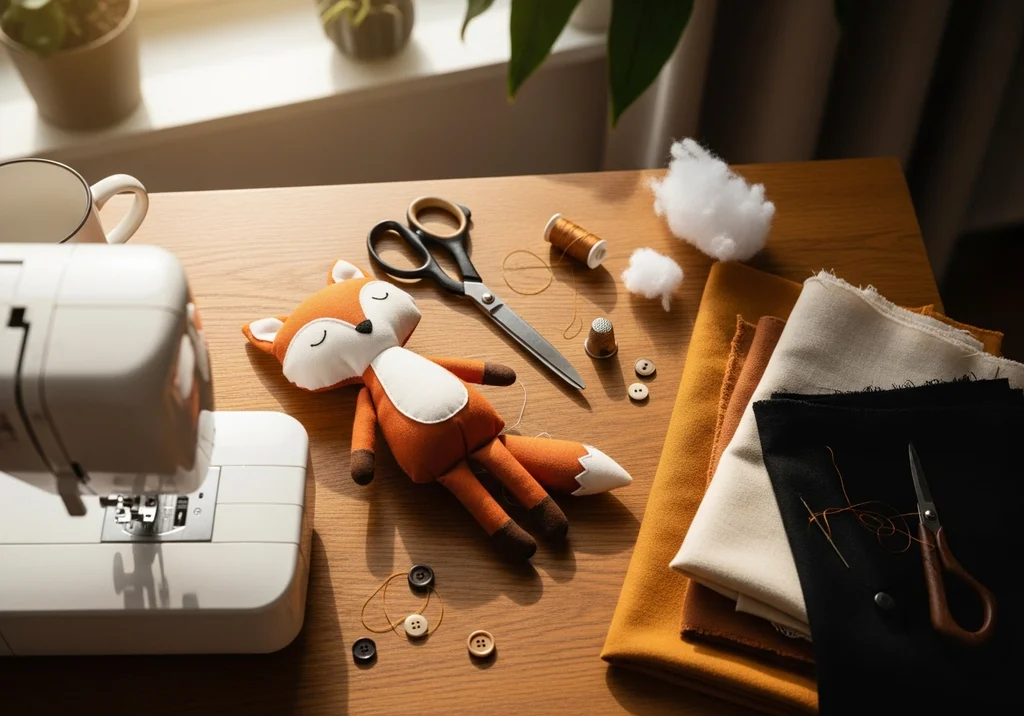 Uszyty na maszynie lisek, materiały, nici, guziki i akcesoria do szycia na drewnianym stole.