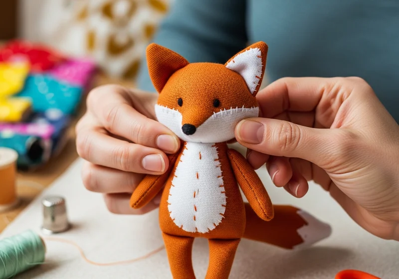 Uszyty na szydełku lis trzymany przez ręce, obok materiały i nici.