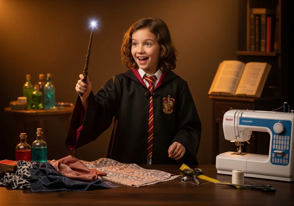 Dziecko w stroju Hogwartu trzyma różdżkę, obok maszyna do szycia i materiały.