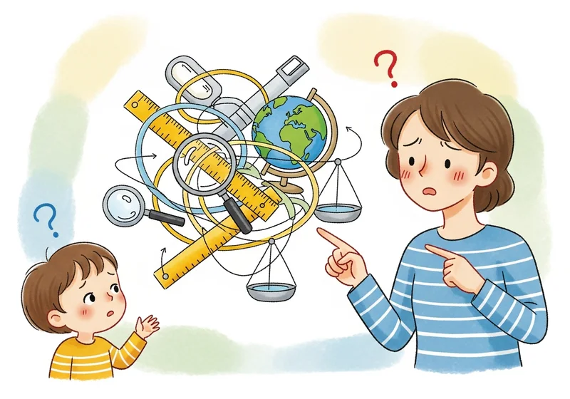 Zdezorientowana mama i dziecko patrzą na plątaninę przyrządów i symboli, sugerującą zagadnienie skali.